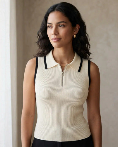 Polera Mujer Sin Mangas Cuello Polo Cierre Talla Única