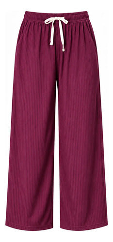 Pantalón Casual Mujer Palazzo Acanalado Cintura Elasticada