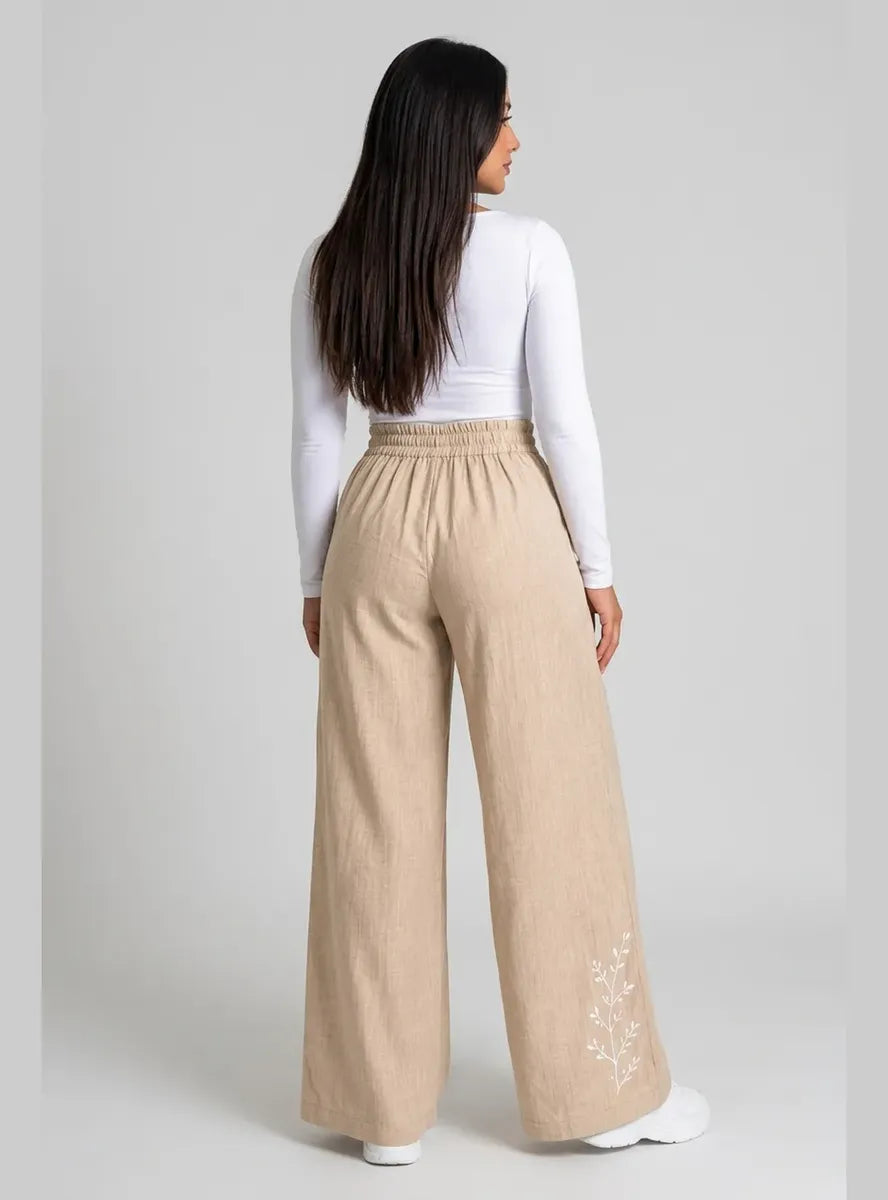Pantalón Mujer Palazzo Bordado Floral Cintura Elasticada
