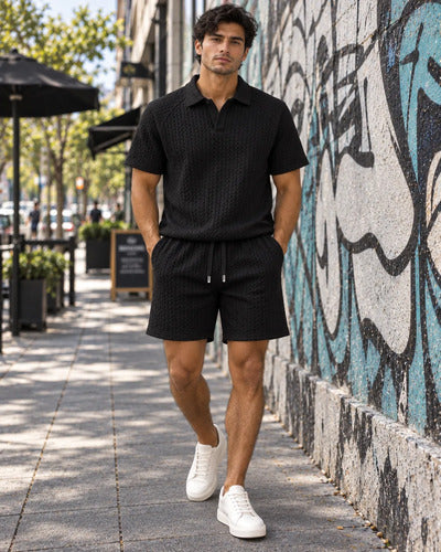 Conjunto Hombre Polera Polo Manga Corta Short Texturizado