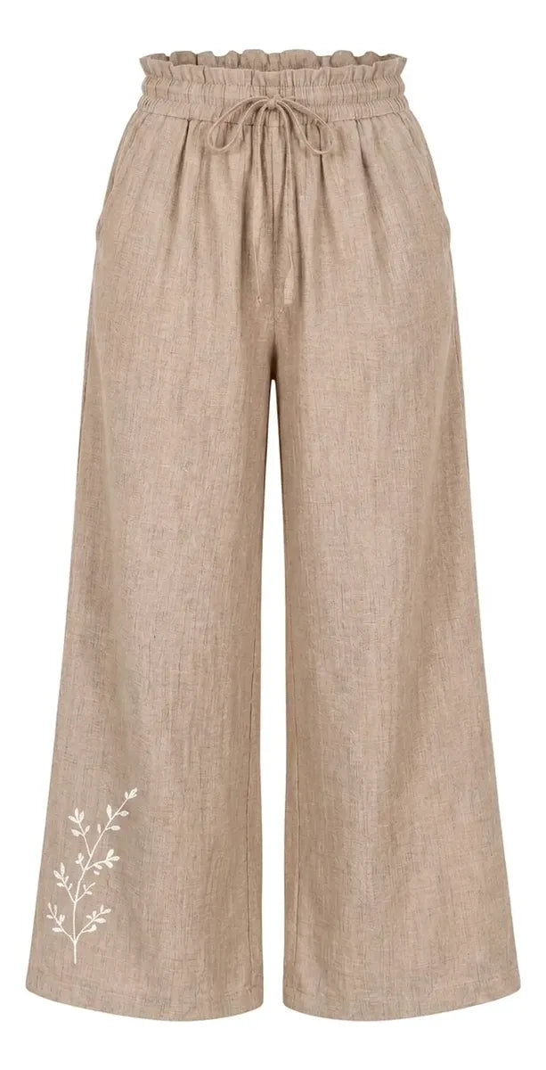 Pantalón Mujer Palazzo Bordado Floral Cintura Elasticada