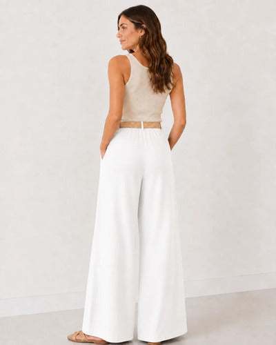 Pantalón Palazzo Mujer Pierna Ancha Cintura Elasticada