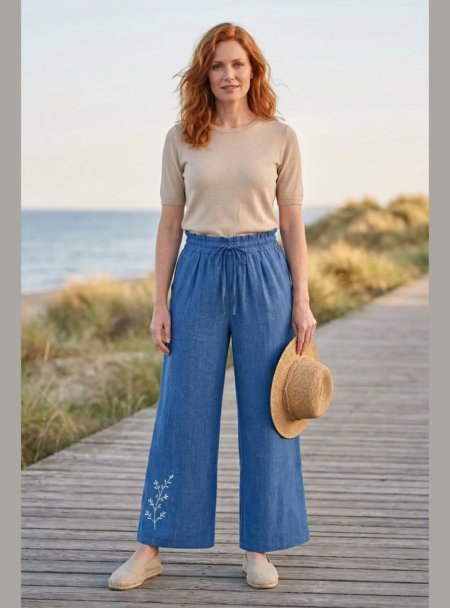 Pantalón Mujer Palazzo Bordado Floral Cintura Elasticada