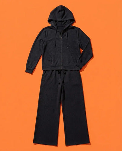 Conjunto Mujer Polerón Capucha Pantalón Ancho Texturizado