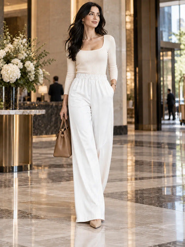 Pantalón Palazzo Mujer Algodón Cintura Elasticada Con Lazo