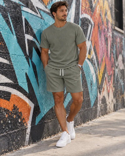 Conjunto Hombre Polera Short Texturado Casual Verano