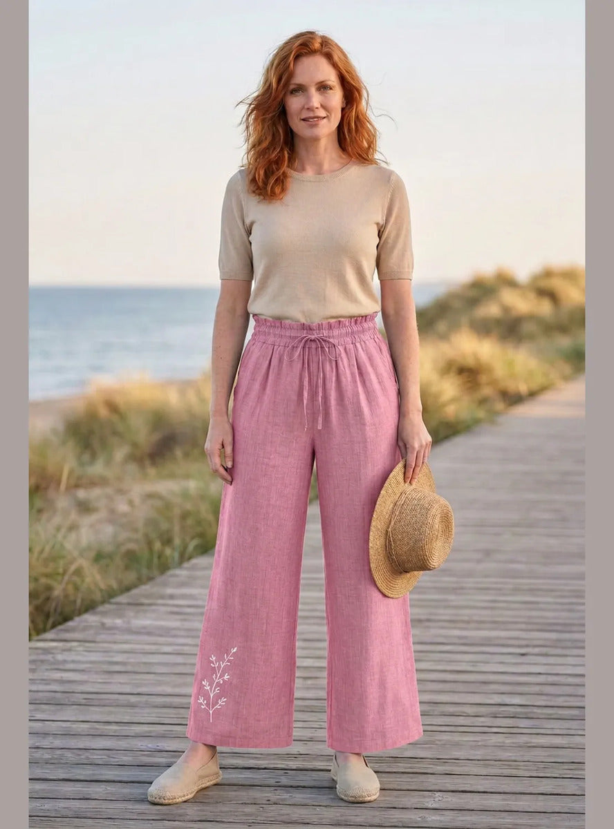 Pantalón Mujer Palazzo Bordado Floral Cintura Elasticada