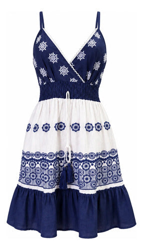 Vestido Mujer Bordado Floral Escote V Tirantes Ajustables