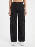 Pantalón Cargo Niña Negro Pierna Ancha Bolsillos Laterales