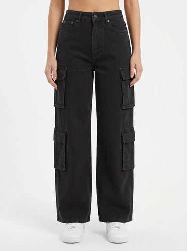 Pantalón Cargo Niña Negro Pierna Ancha Bolsillos Laterales